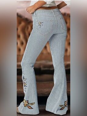 Flamingals Mid Rise Embroidered Floral Striped Bootcut Jeans Size 3X 16-18 NWT